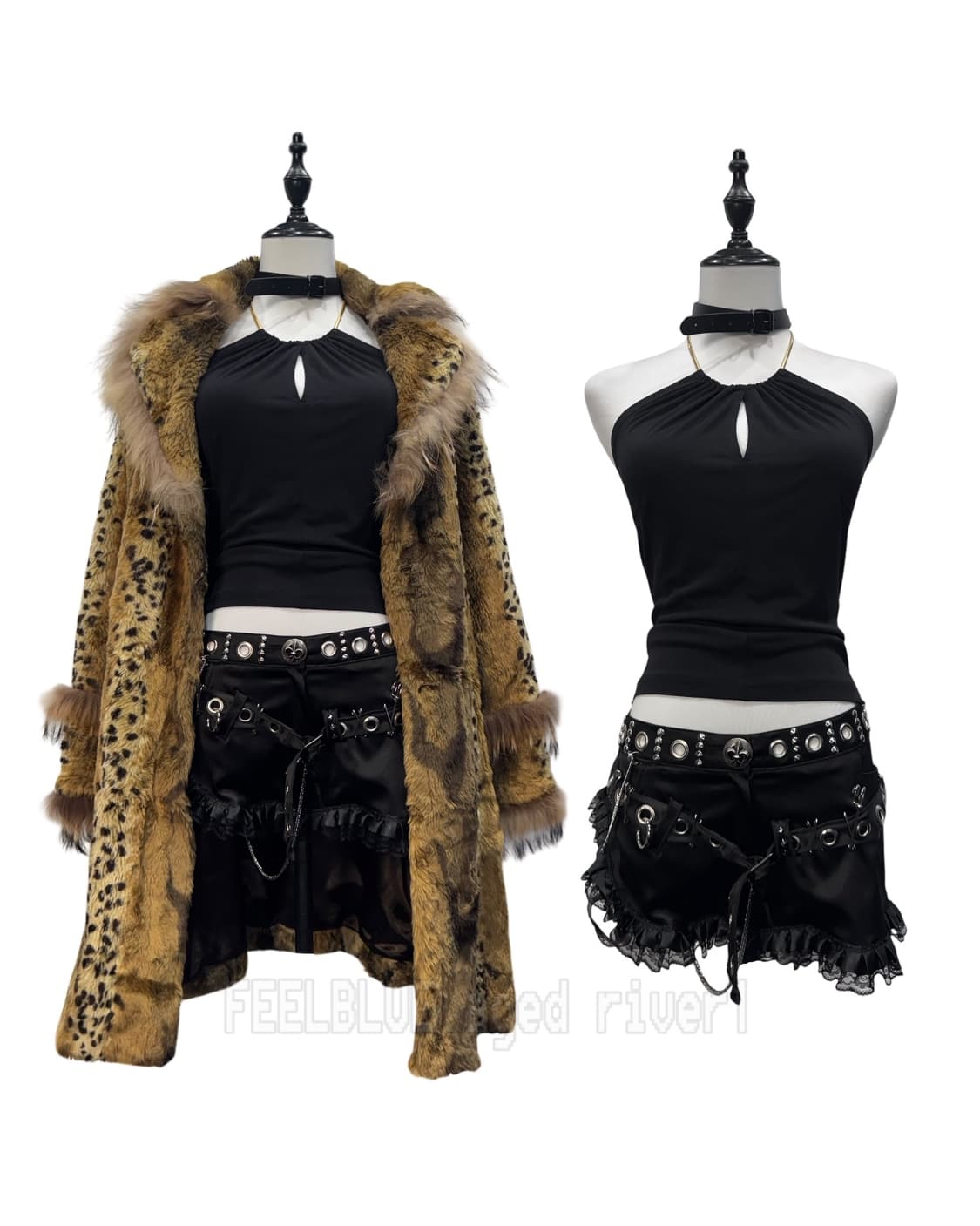 Halter Slip Top Leopard Fur Coat 2pcs 상품이미지6