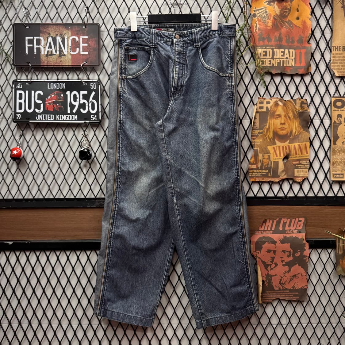 00s FUBU 배기 데님 팬츠 후면 포켓 레터링 포인트 중청 상품이미지1