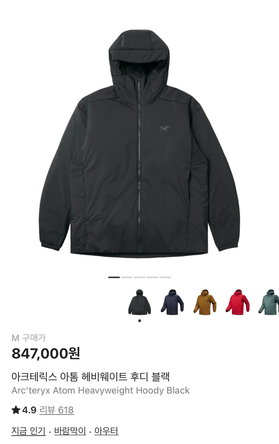 아크테릭스 아톰 헤비웨이트 후디 블랙 M 상품이미지1