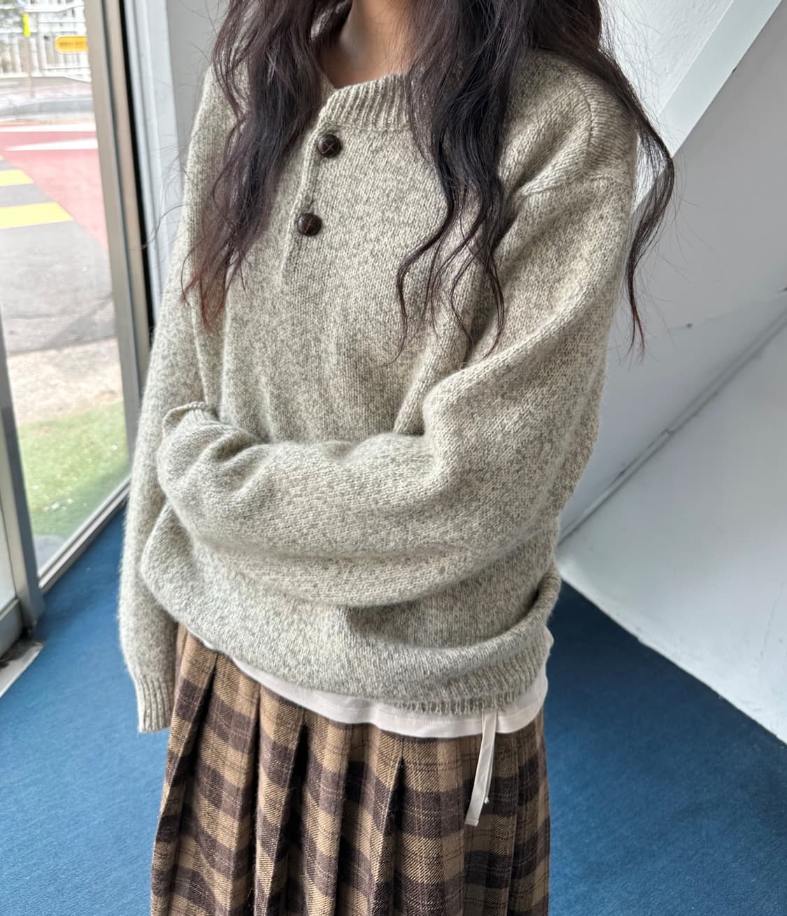 Patterned button neck heavy knit P/O 상품이미지7