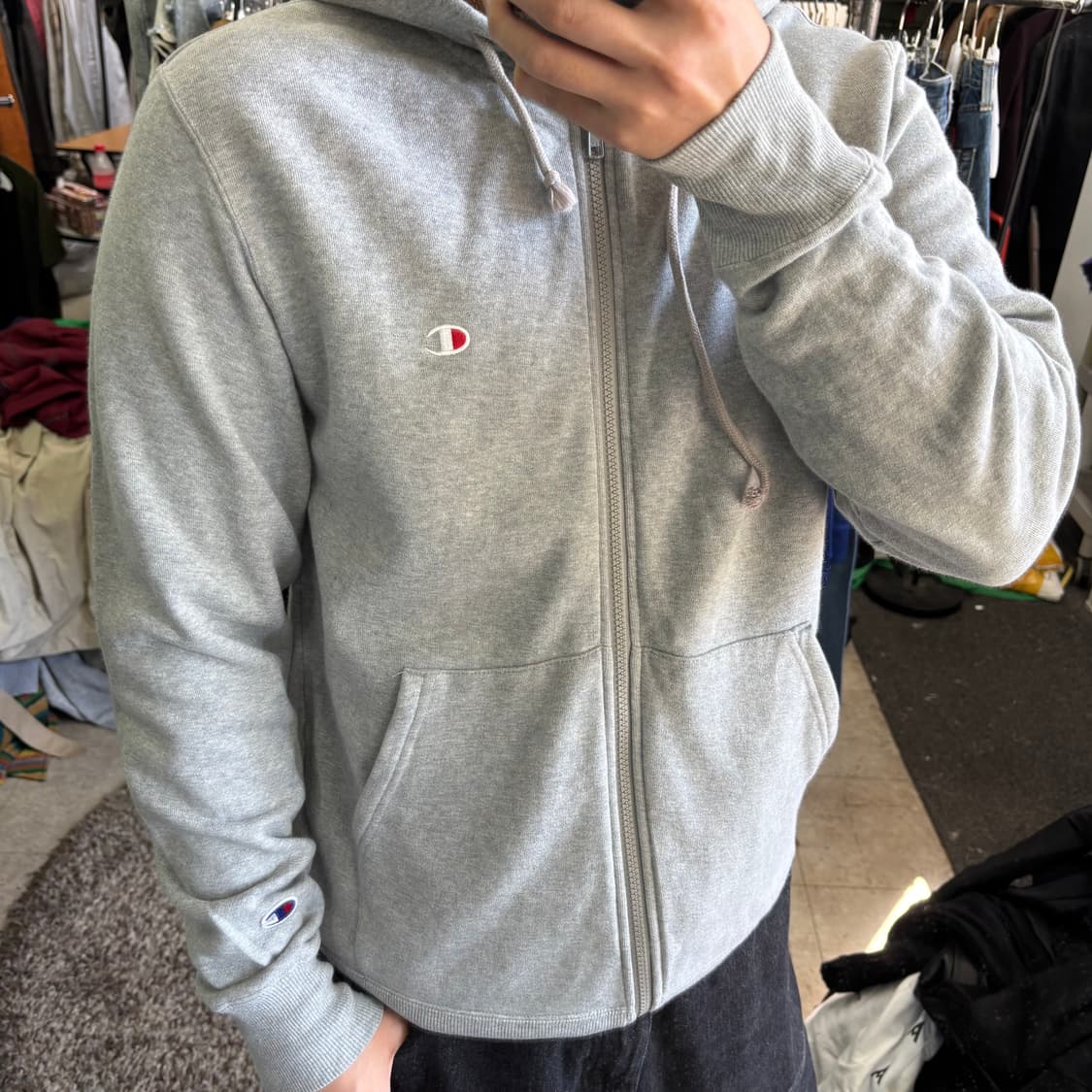 우먼L-XL 챔피온 그레이 기본로고 면 후드집업 상품이미지1