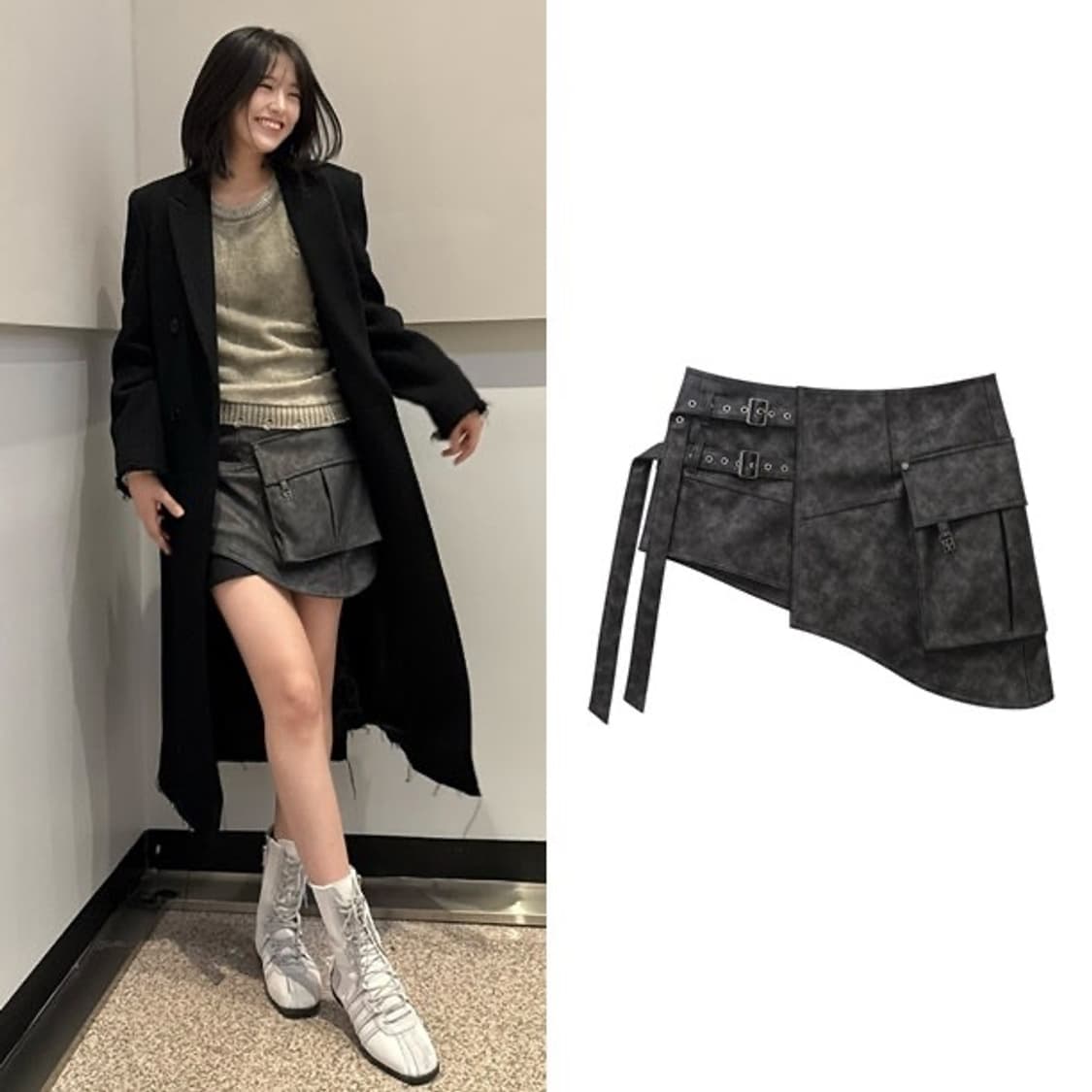 트리밍버드 레더 스트랩 벨트 디테일 레이어드 랩 스커트 다크 그레이 상품이미지6