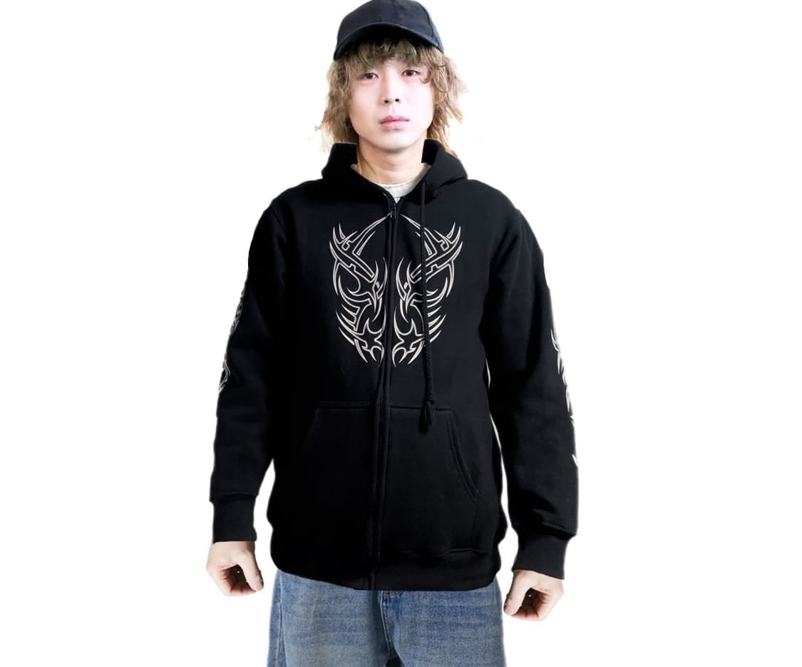 트라이벌 무늬 프린트 기모후드집업 상품이미지1