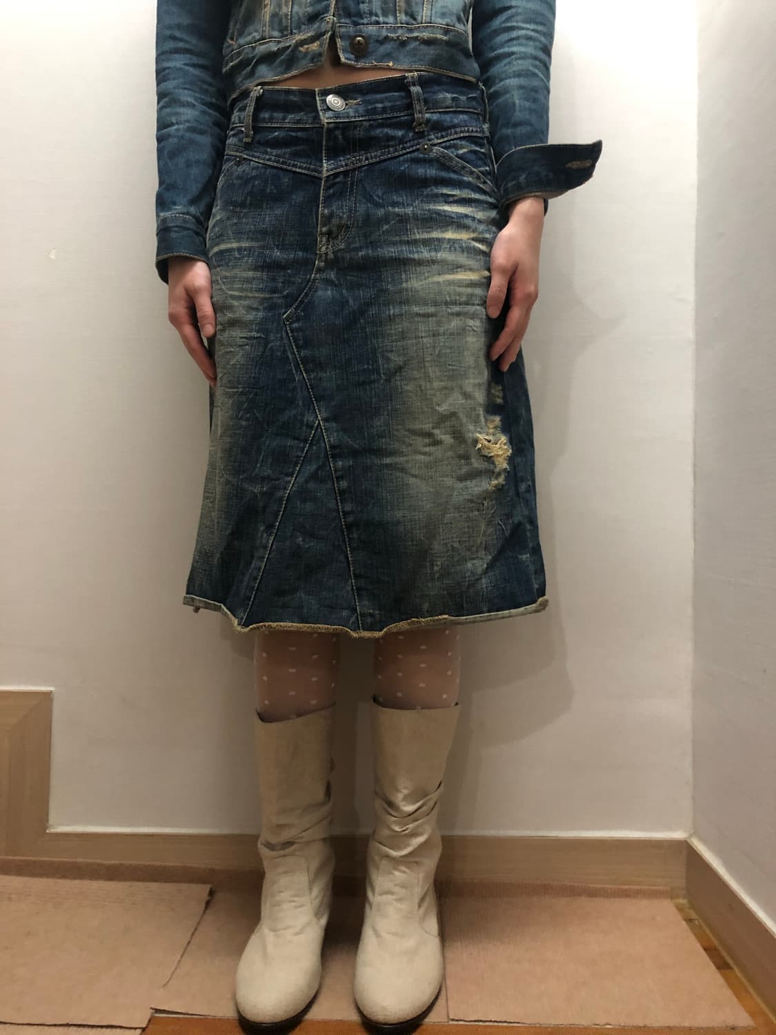 빈티지 데님 워싱 미디 스커트 상품이미지2