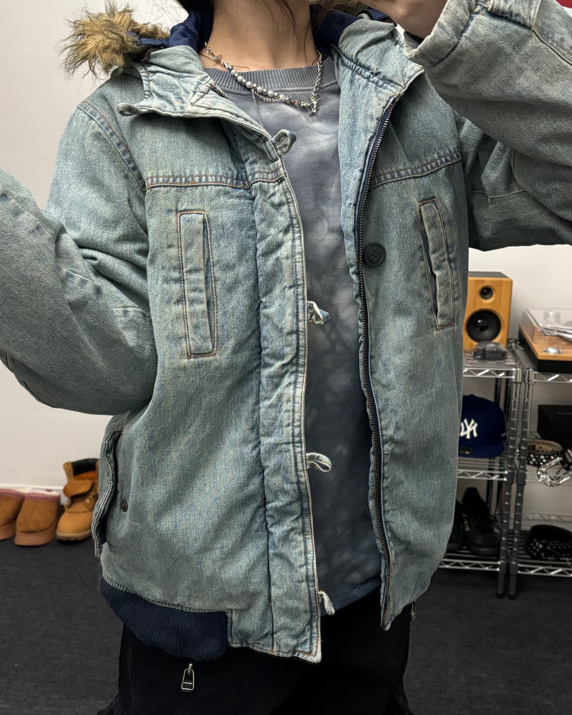 올드 빈티지 퍼 후드 데님 블루종 자켓 상품이미지1