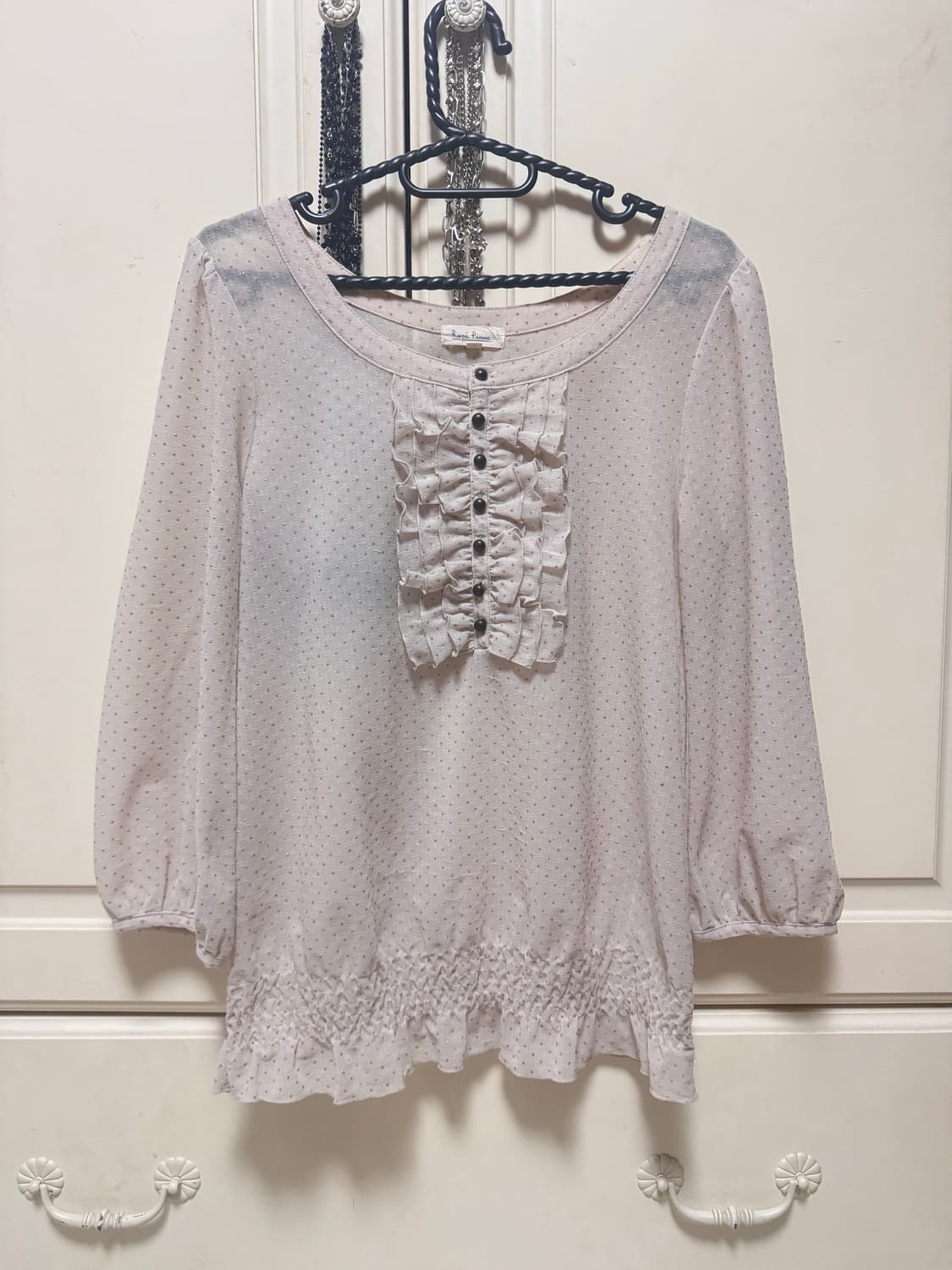 빈티지 모리걸 하구미 베이지 프릴 도트 블라우스 상품이미지1