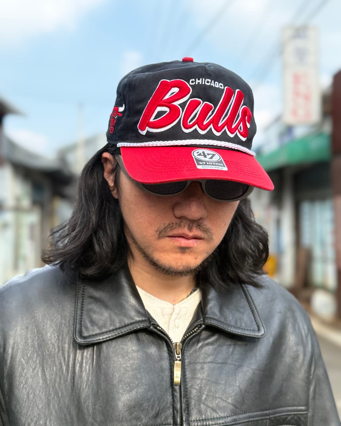 47 블랙/레드 시카고 불스 드롭쉐도우 로프 히치 어저스터블 햇 OS 상품이미지10