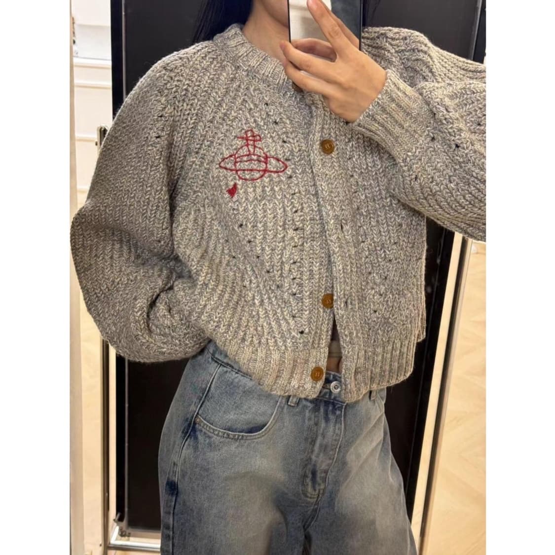 it 콜렉션 헤비울 우주선 자수 가디건 스웨터 S 상품이미지1