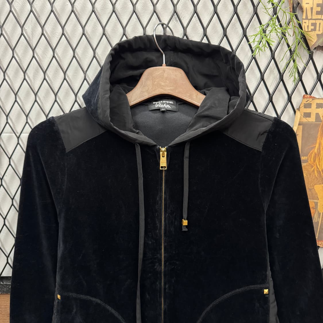 소니아 리키엘 벨루어 후드 집업 자켓 전면 포켓 포인트 블랙 상품이미지3