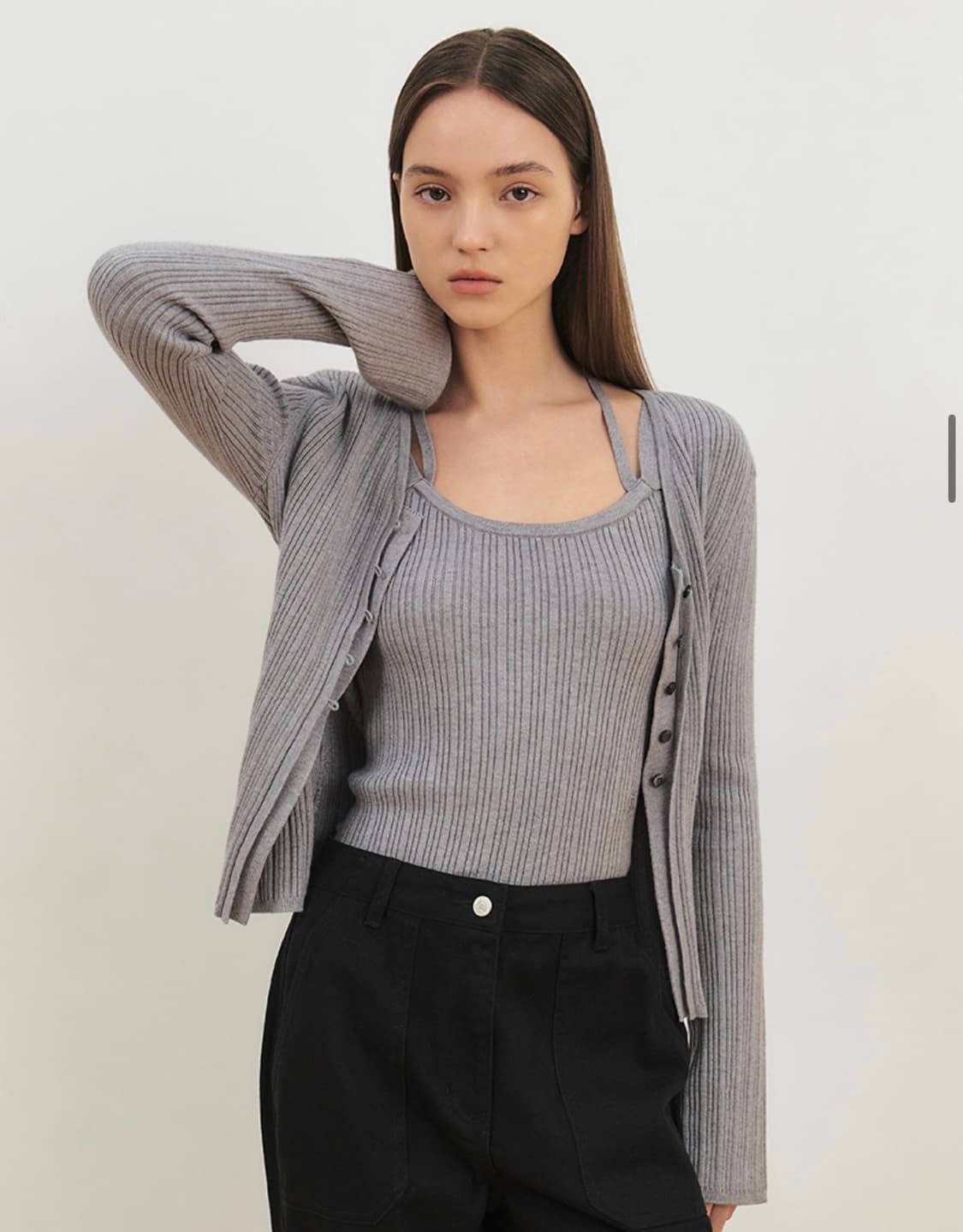 시티브리즈 골지 홀터넥 슬리브리스 가디건 세트_GREY 상품이미지2