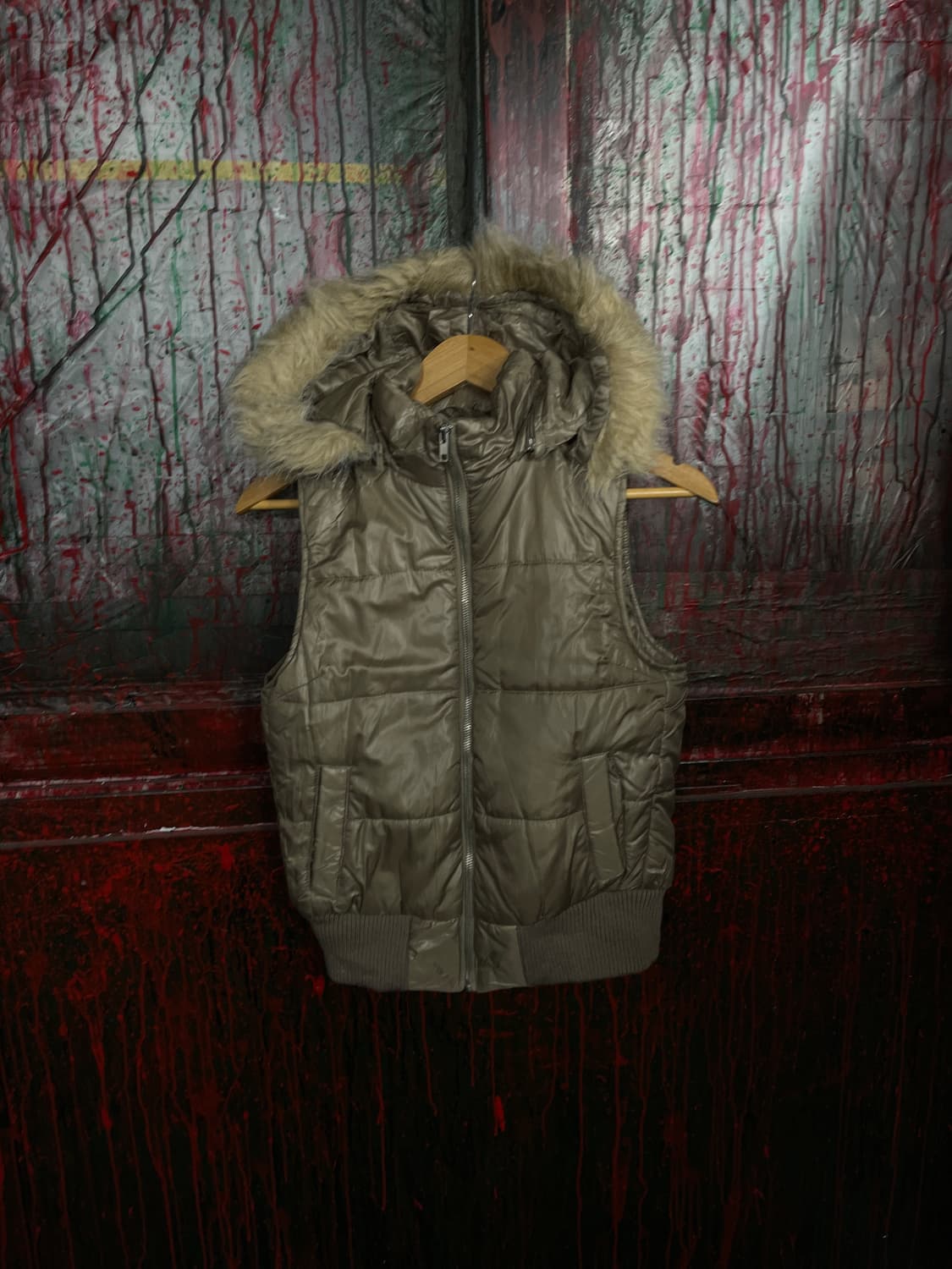 일본 빈티지 퍼 후드 패딩조끼 울프죠 갸루 패딩 베스트 M 상품이미지3