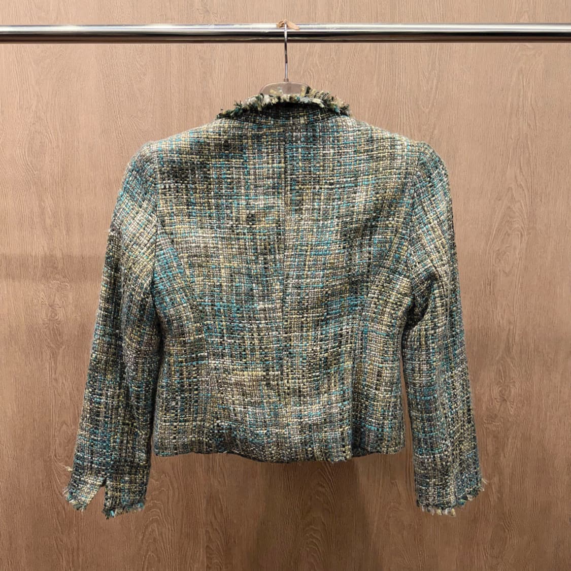 빈티지 트위드 자켓 숄카라 플랩 포켓 프린지 마감 디테일 슬림핏 그린 상품이미지3