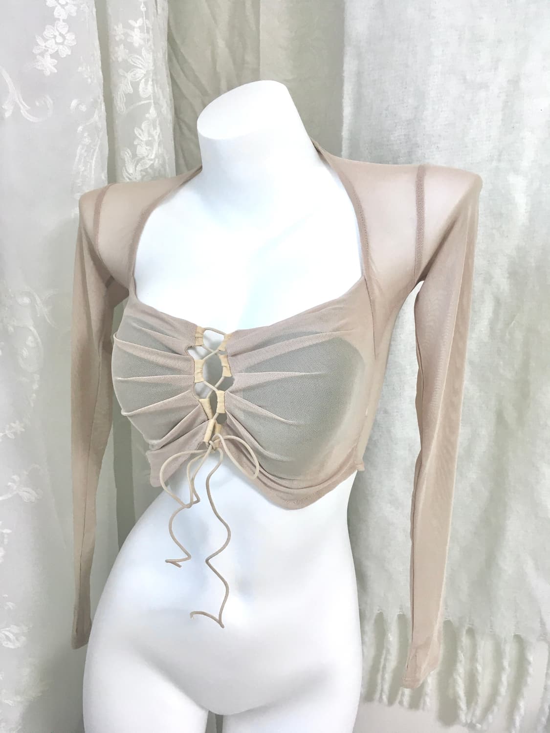 베이지 셔링 시스루 크롭 롱슬리브  상품이미지7