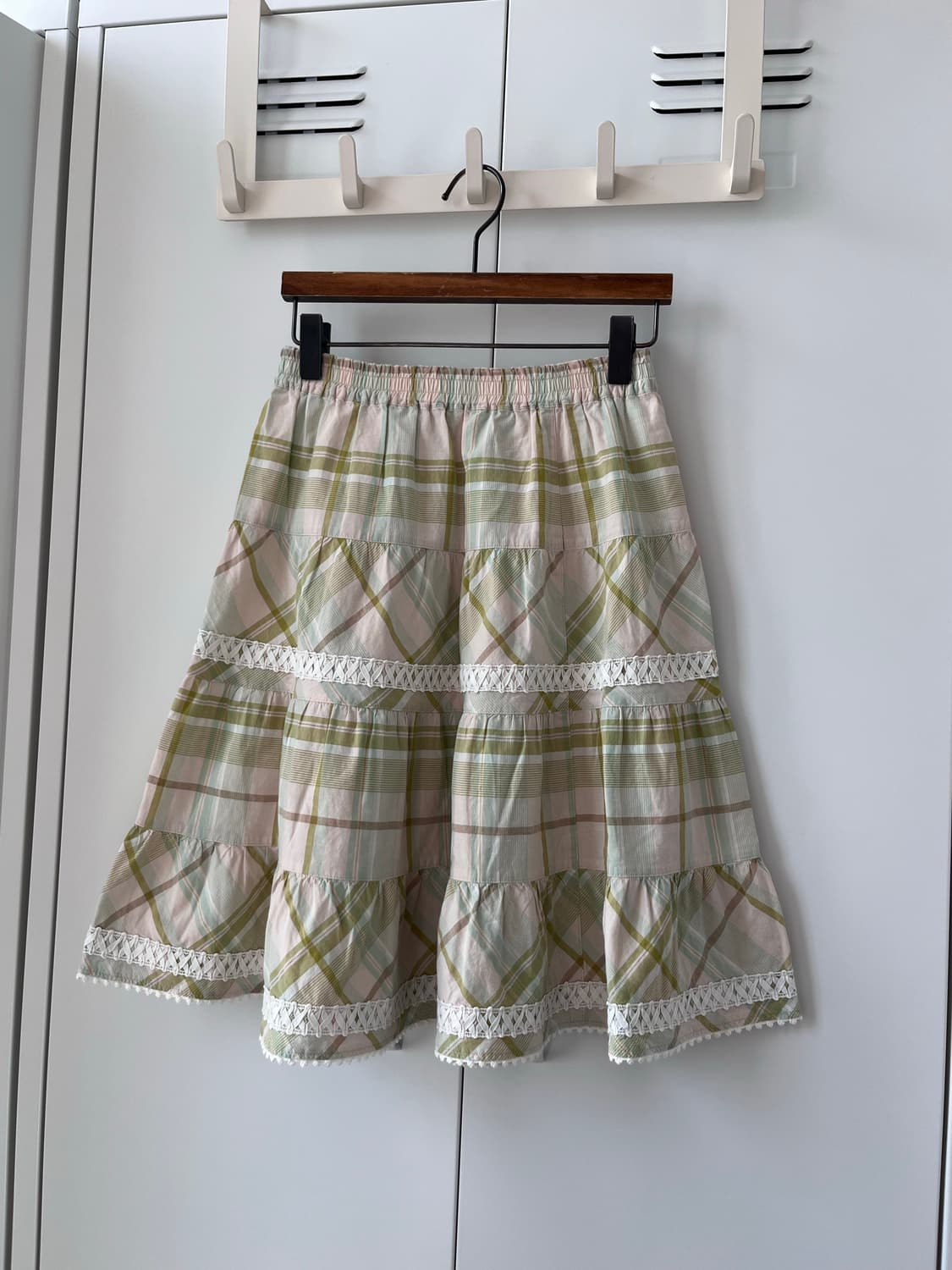 Olive girl 그린 체크 레이스 미디 스커트  상품이미지5