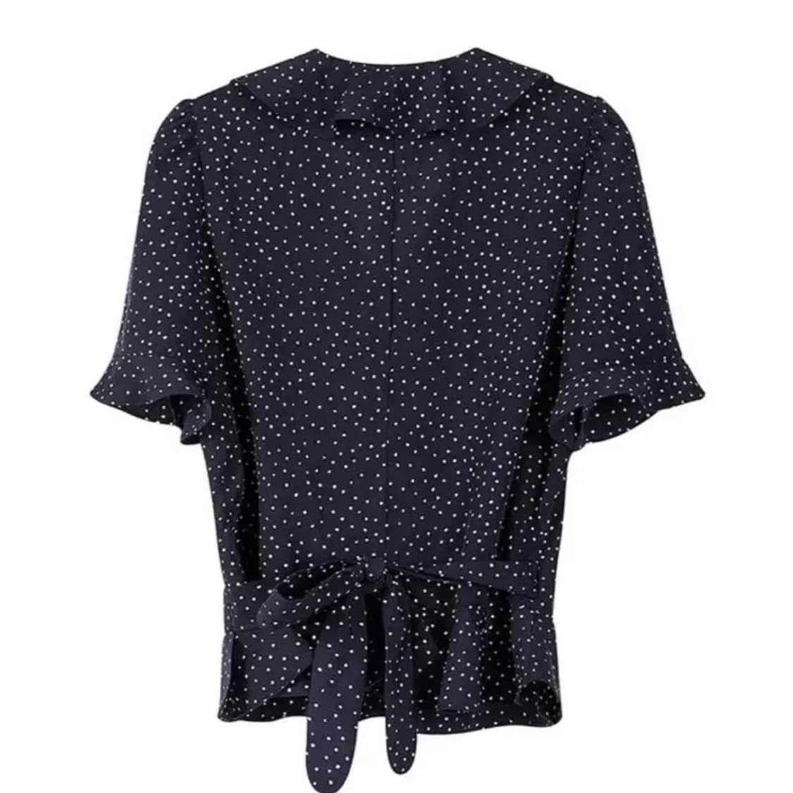 레이브 도트 프릴 랩 블라우스 네이비 미사용품 상품이미지5