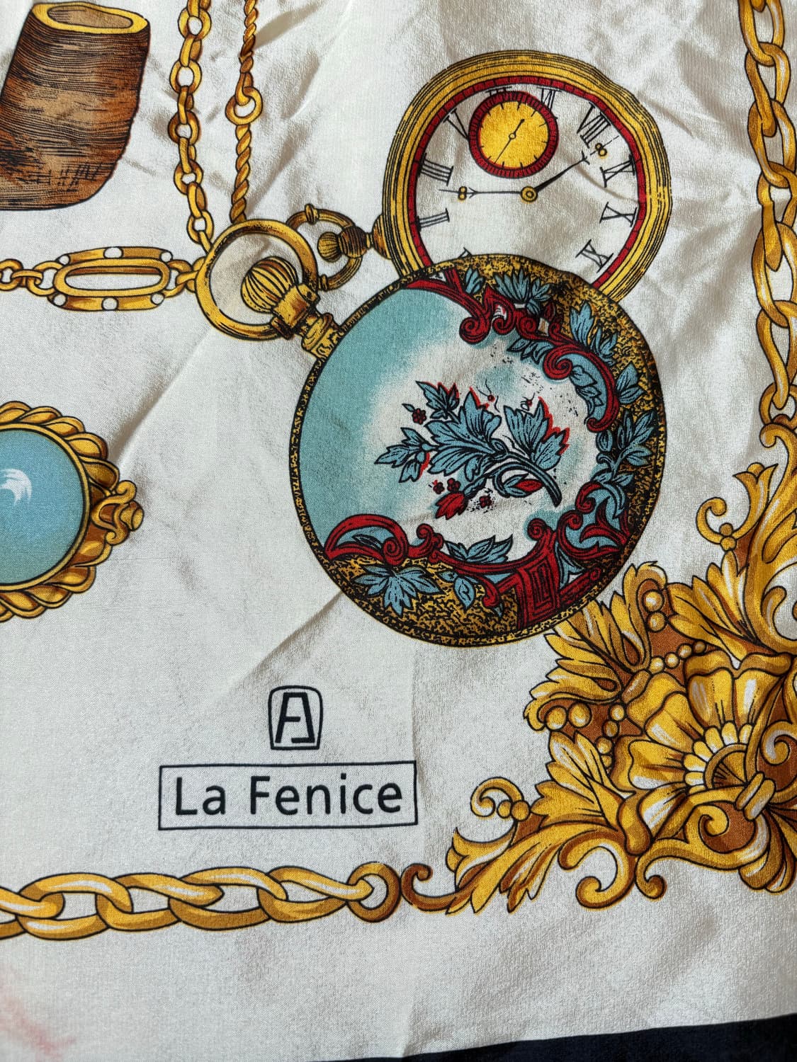 빈티지 La Fenice 회중시계 패턴 실크 스카프 상품이미지2