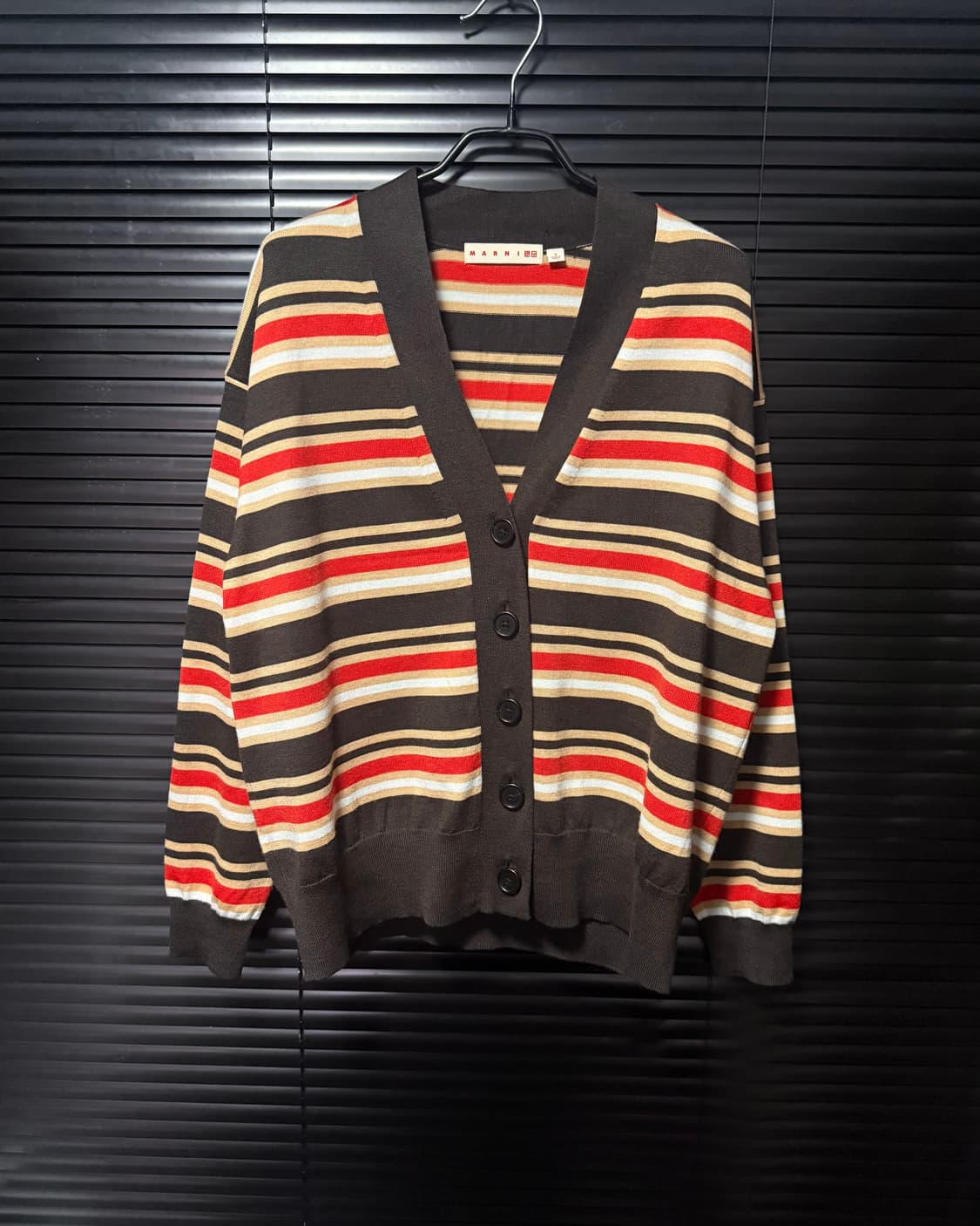 유니클로 마르니 스트라이프 울 가디건 브이넥 크롭 브라운 레드 베이지 S 상품이미지3