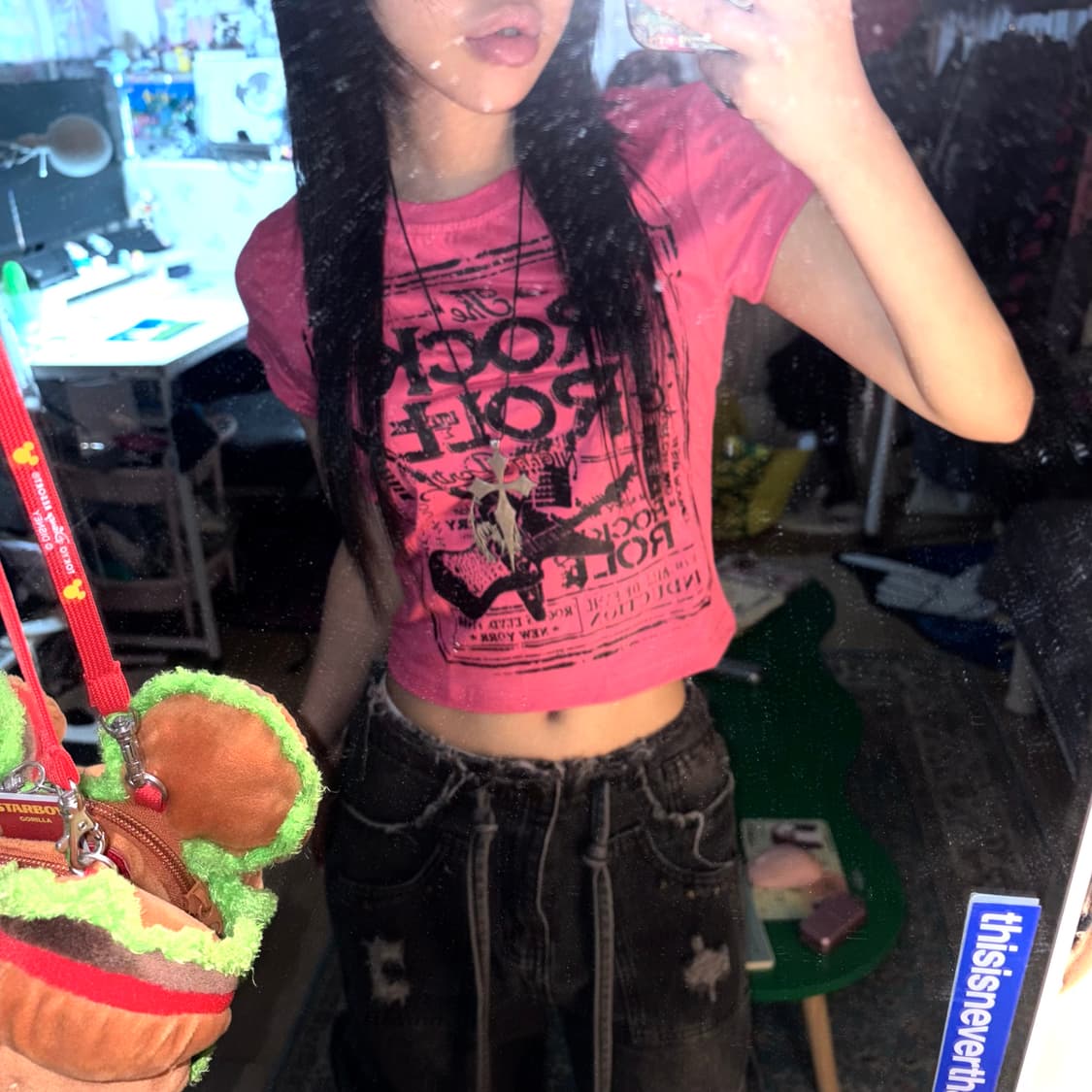 Hot pink ROCK & ROLL punk crop T 상품이미지1