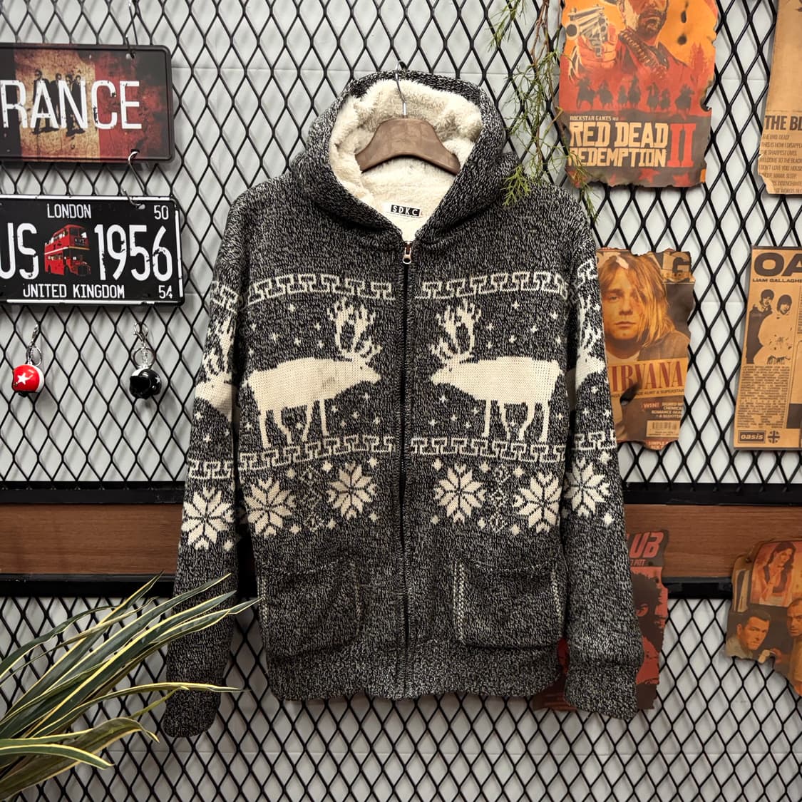 JPN VINTAGE 빈티지 사슴 코위찬 니트 후드 집업 자켓 그레이 상품이미지1