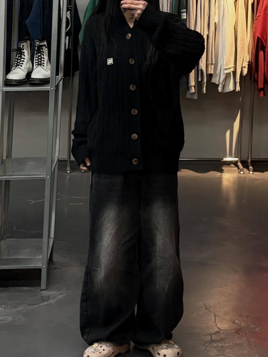 세터 오버사이즈 부클 블랙 가디건 A3763 상품이미지1