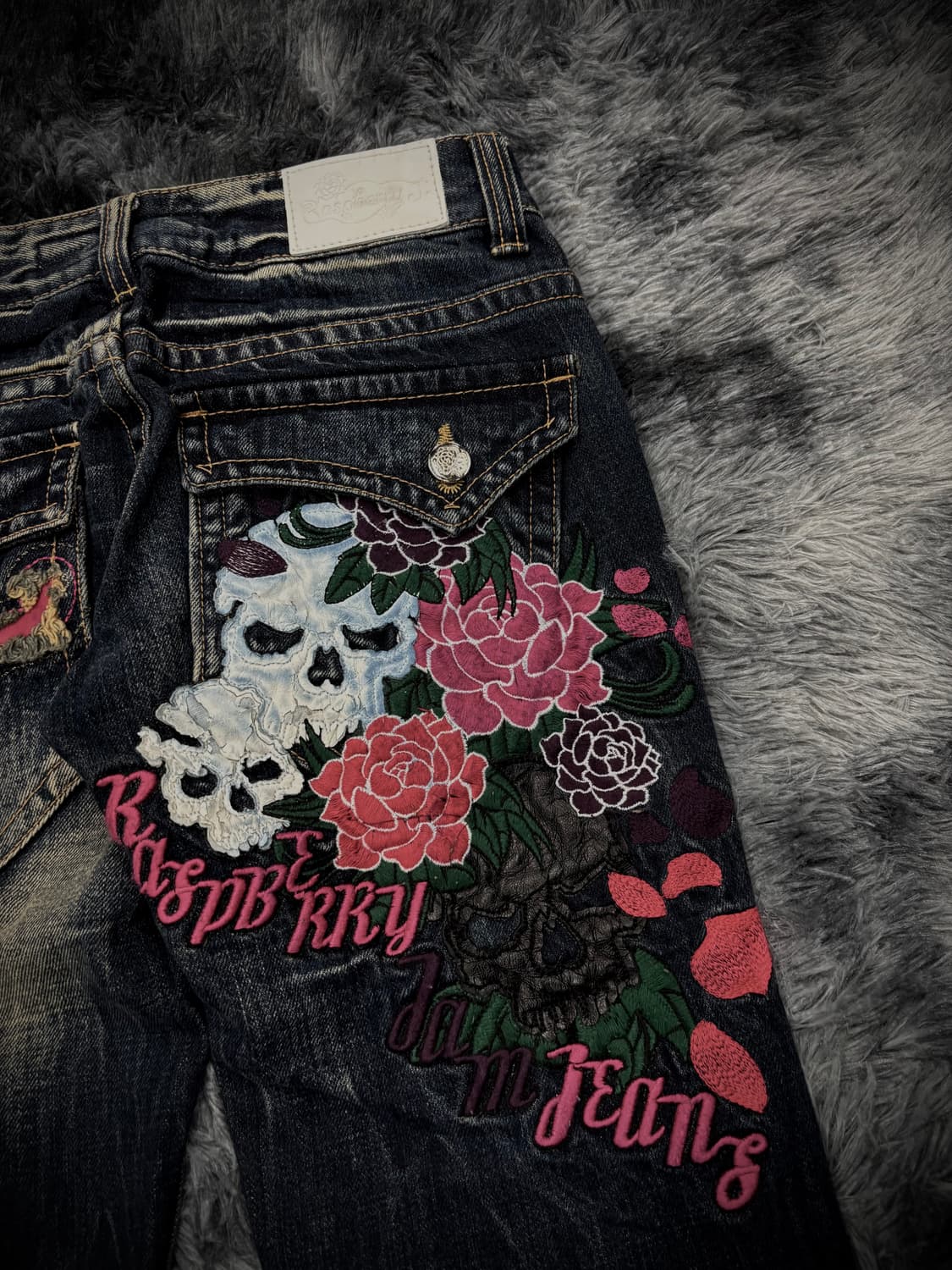 핑크 스컬 플라워 패치 부츠컷 워싱 데님팬츠 상품이미지7