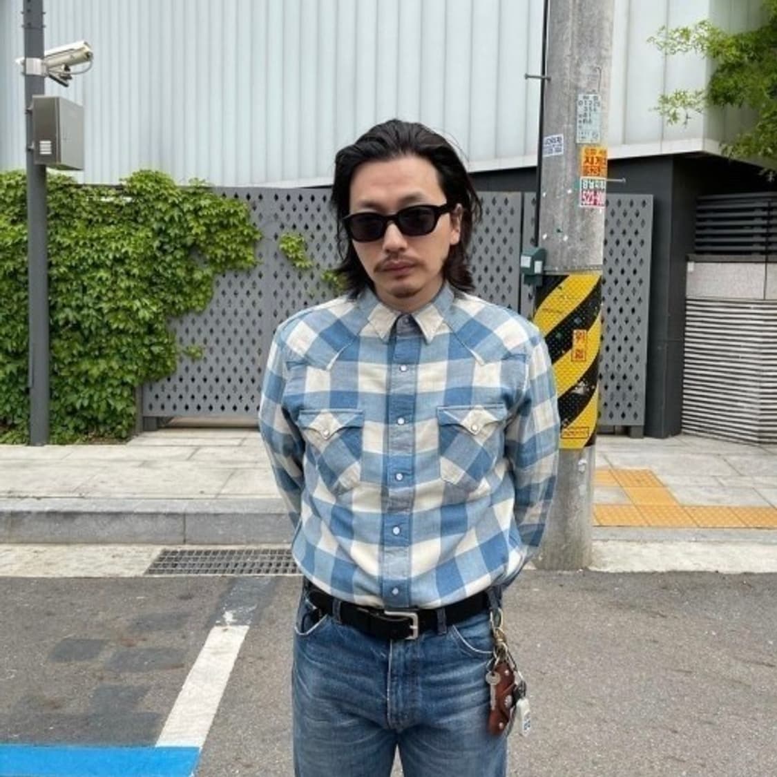 [M] RRL 슬림핏 트윌 웨스턴 플래드 셔츠 크림 블루(이동휘 셔츠) 상품이미지6