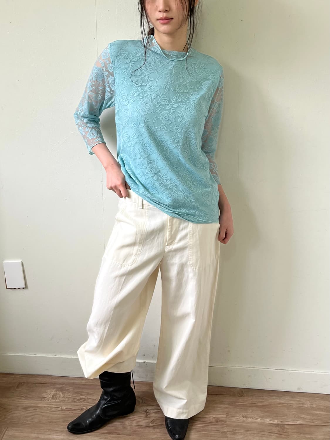 Jqpan vtg 플라워 시스루 민트 터틀넥 상품이미지3