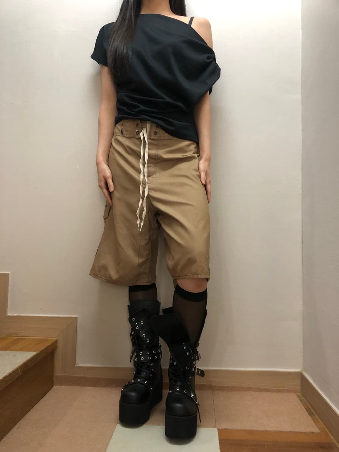 빈티지 베이지 펑크 버뮤다 팬츠 상품이미지4