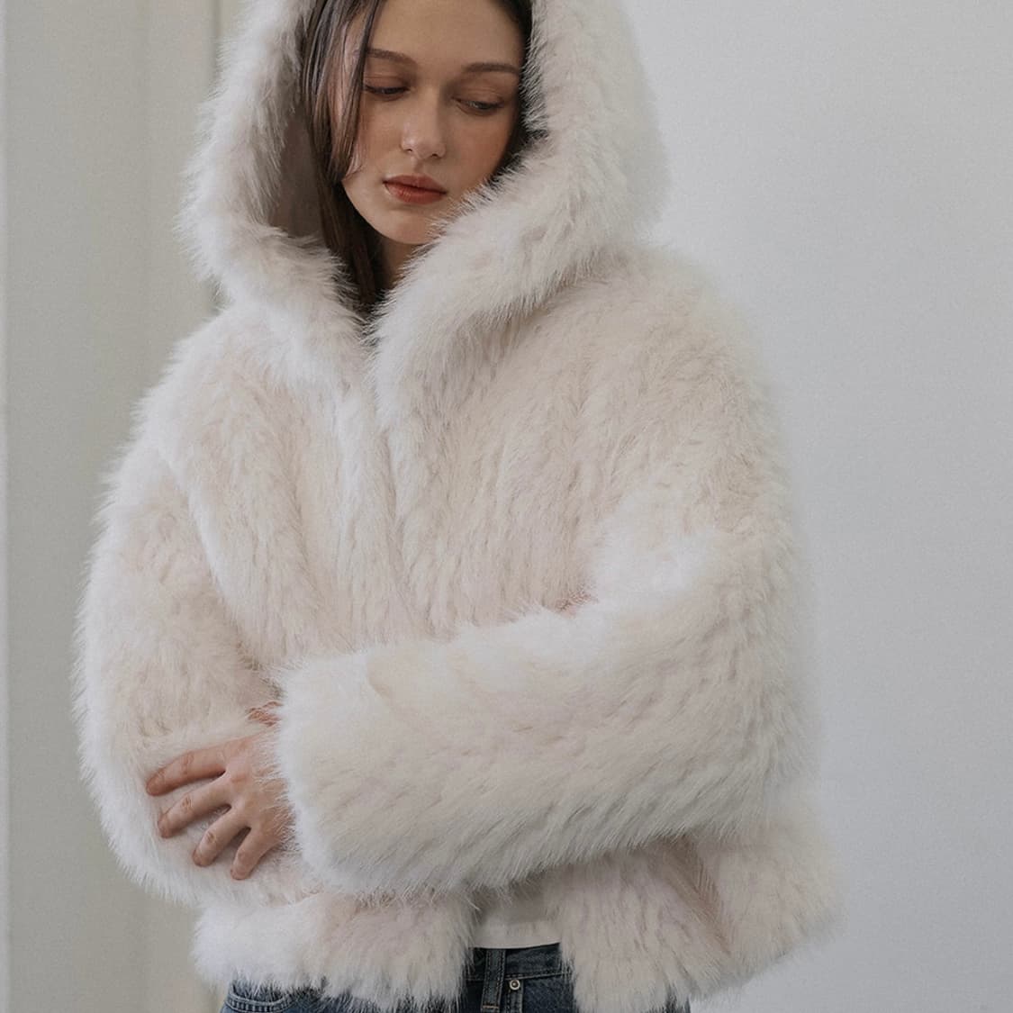 드헤베 Overfit Hood Fur Jacket 아이보리 상품이미지5