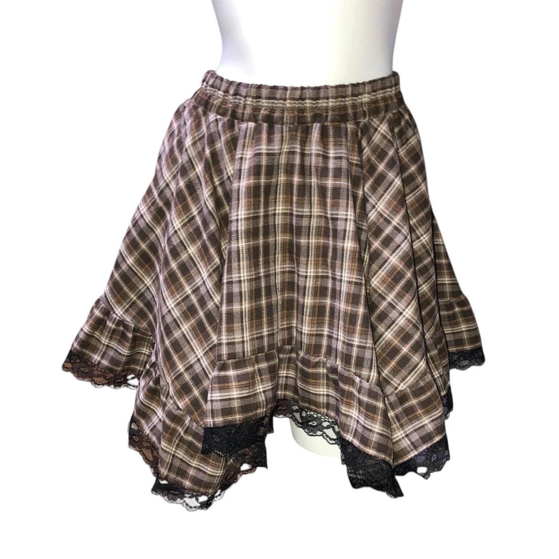 타탄 체크 레이스 밴딩 플레어 스커트 브라운 y2k 상품이미지1