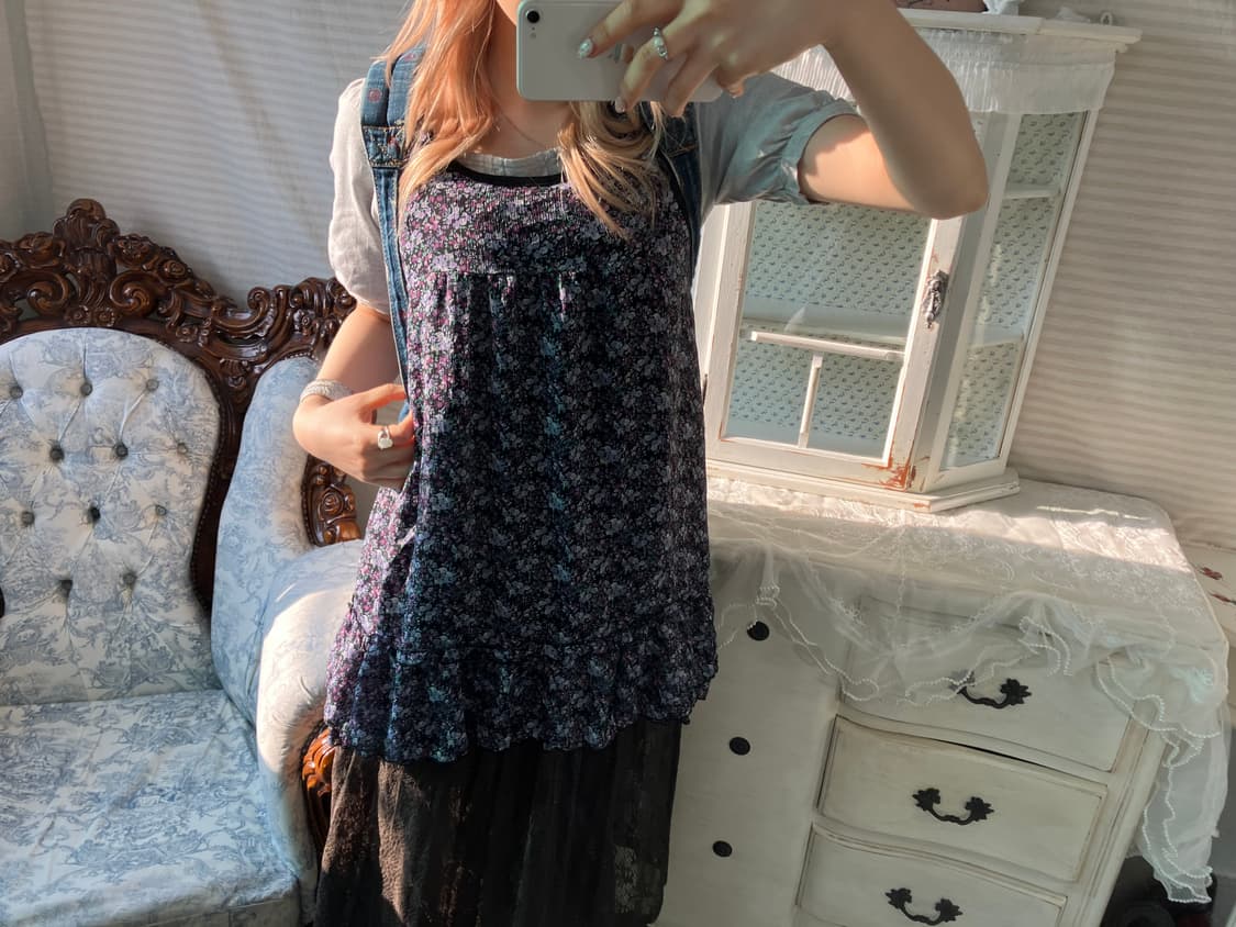 Set)하구미 꽃무늬 프릴 원피스 + 모리 그레이 티셔츠 상품이미지1