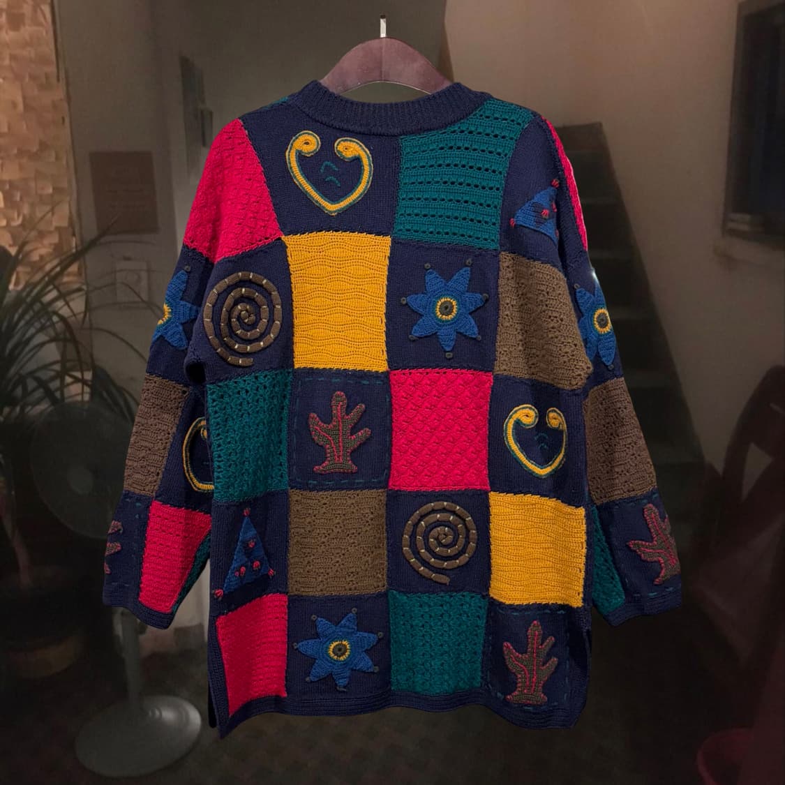 일본 빈티지 울100 뜨개 모티브 아플리케 패치워크 니트 상품이미지4