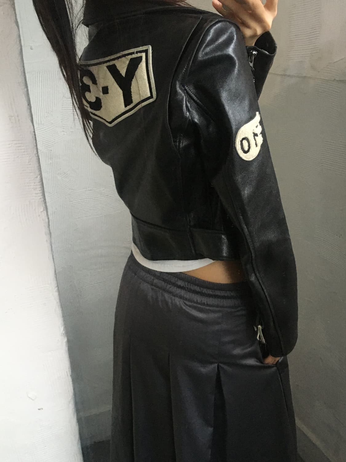 Y-3 16AW 블랙 백로고 패치드 모터사이클 레더 자켓 상품이미지1