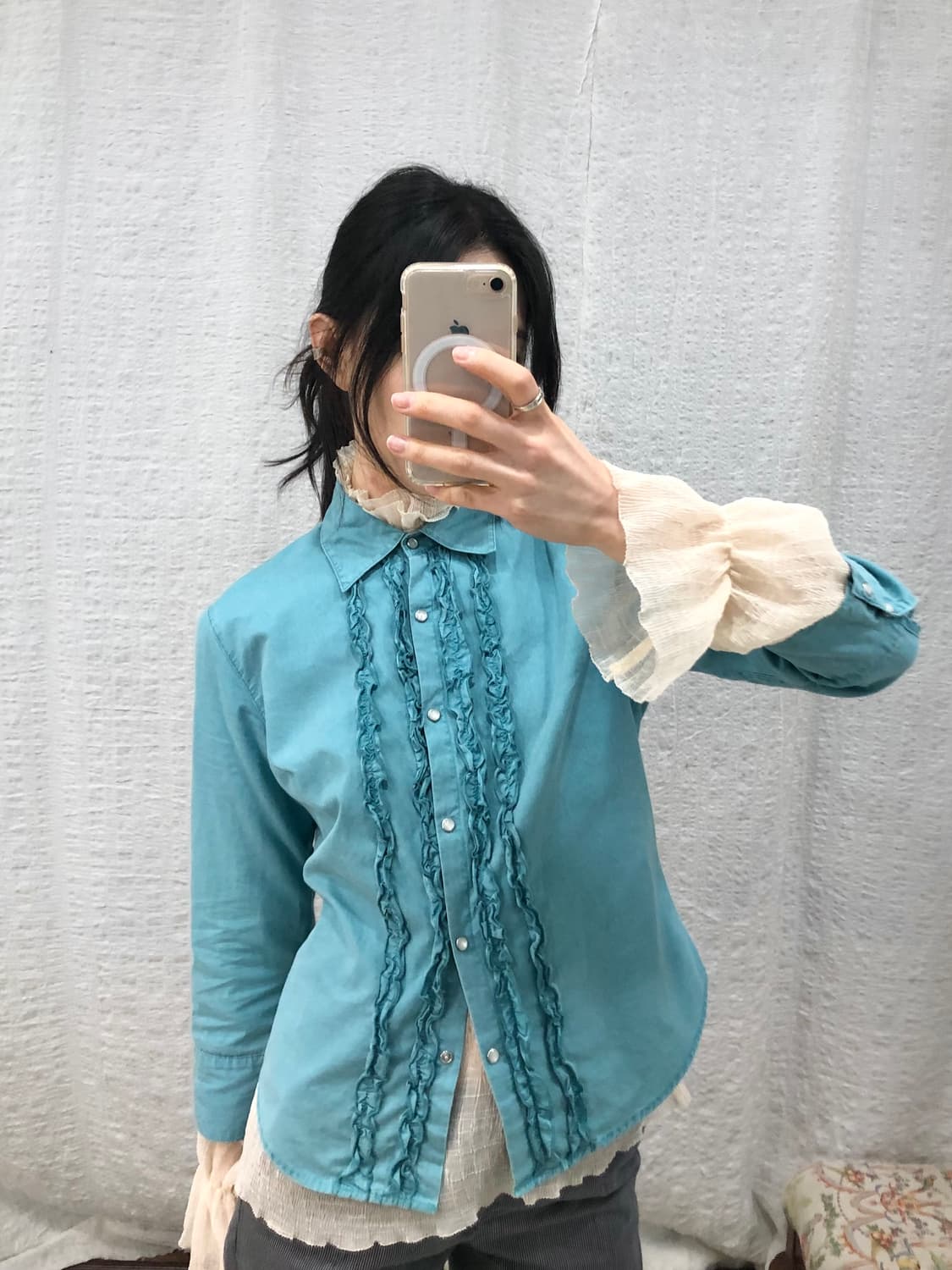 Vintage teal ruffle shirt 상품이미지5