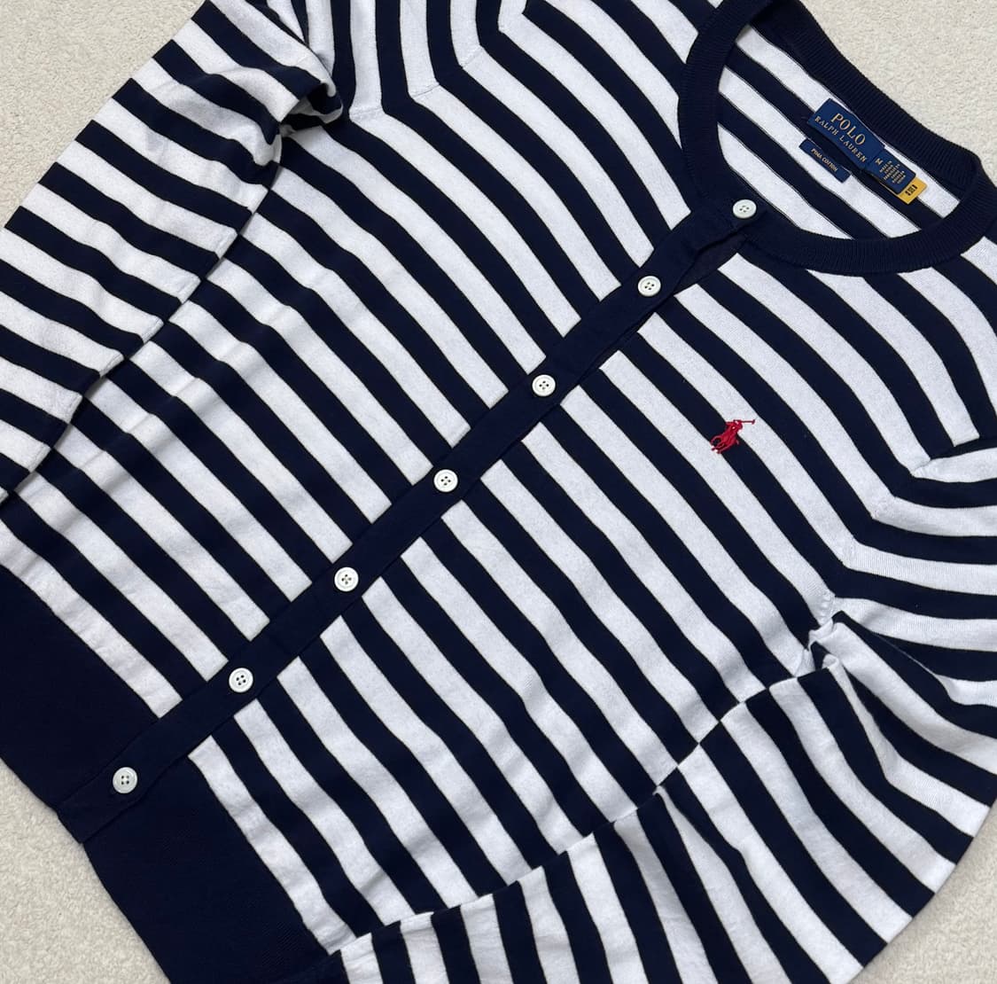 폴로 랄프로렌 네이비 화이트 스트라이프 코튼 가디건(qr) 상품이미지5