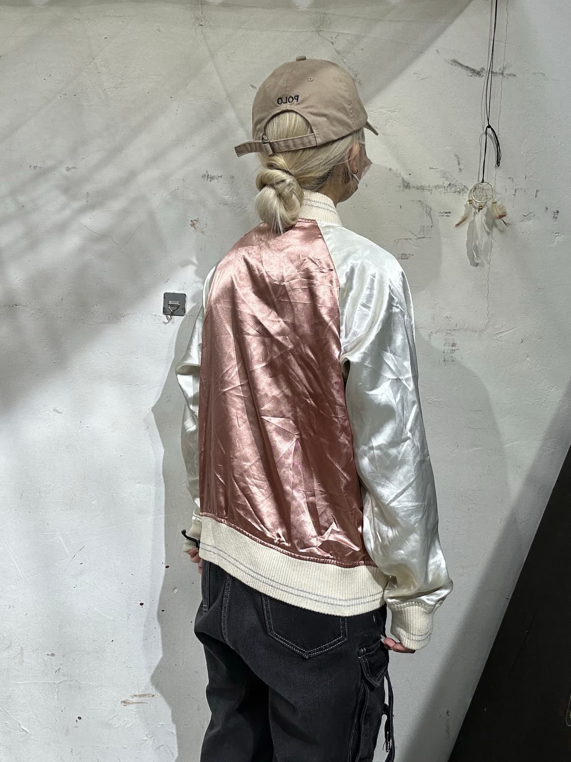 일본 빈티지 핑크 화이트 배색 크롭 스카잔 자켓 L 상품이미지3