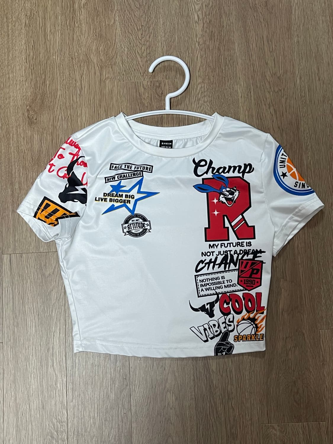 SHEIN 흰색 프린팅 크롭 반팔 티셔츠 상품이미지1