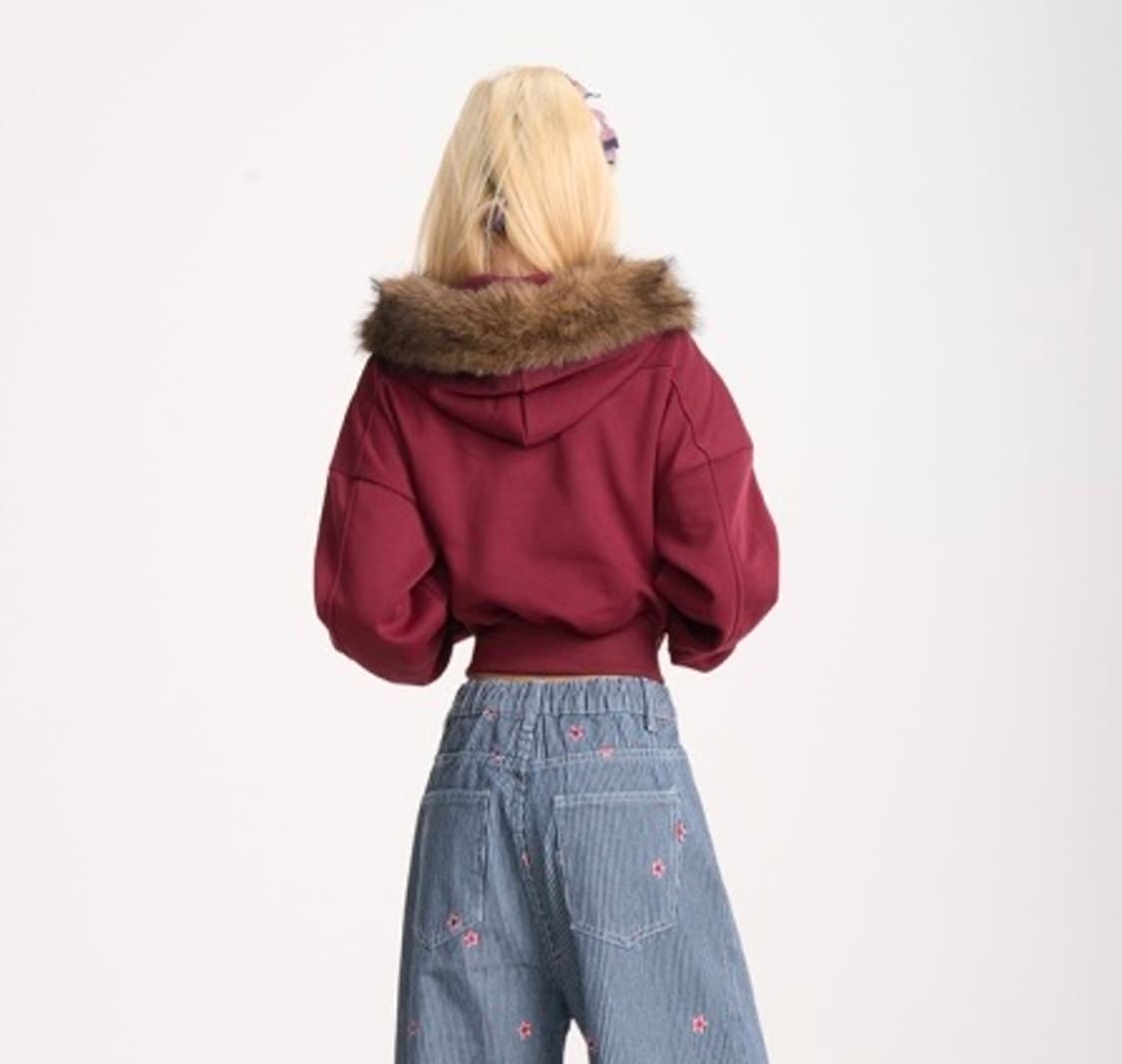 아사키프레자키 퍼 후드 집업 버건디 상품이미지4