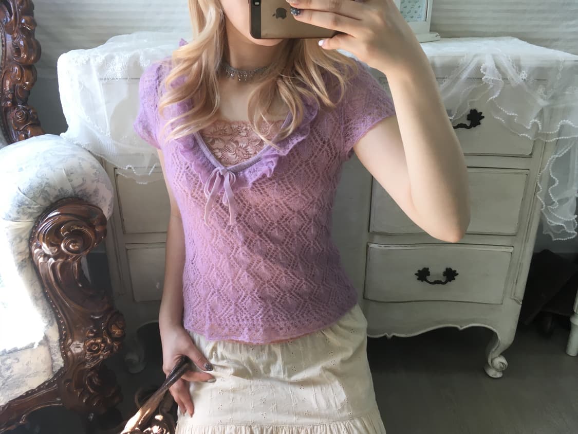 Set)연보라 모헤어 프릴 니트 + 핑크레이스 나시 상품이미지2