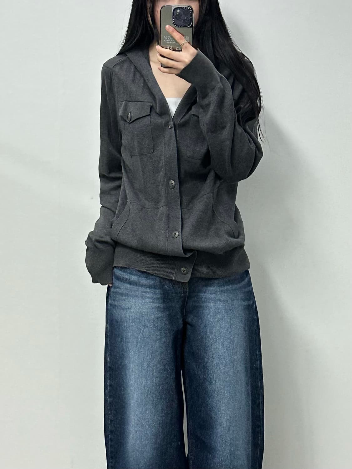 Vintage 빈티지 포켓 차콜 니트 후드 가디건 상품이미지1