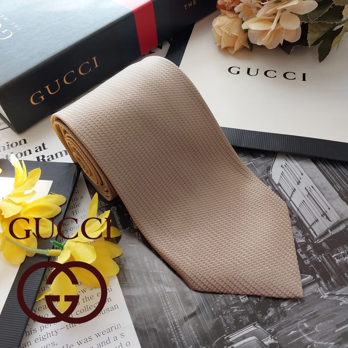 구찌 실크 진한 베이지 자카드 넥타이 8cm A+등급 K2552 상품이미지2