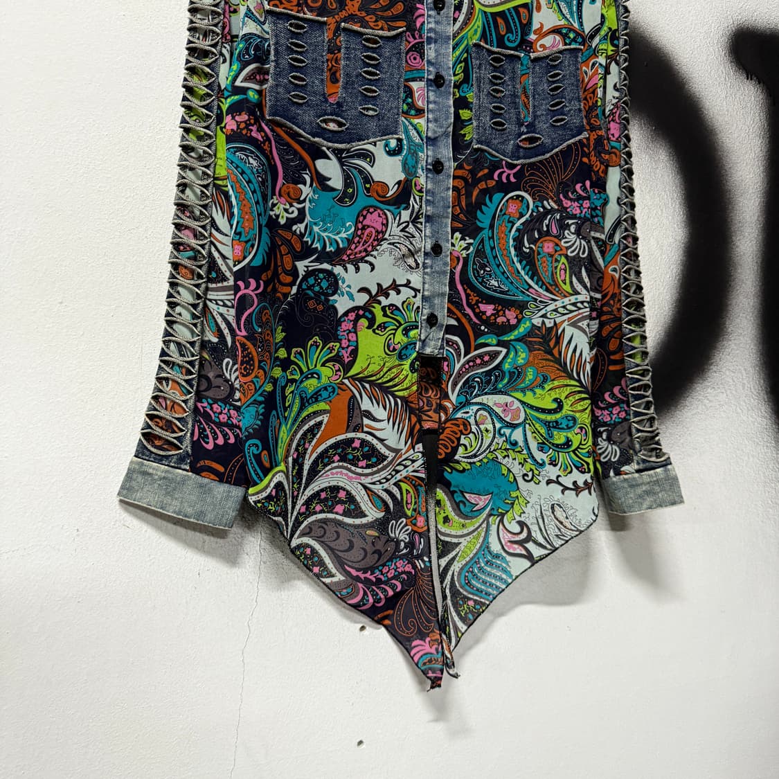 VTG 빈티지 오리엔탈 풀 패턴 데님 배색 블라우스 셔츠 상품이미지4