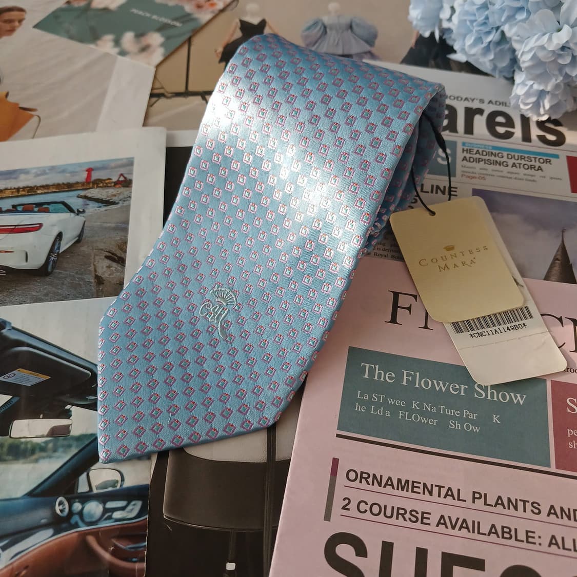 카운테스 마라 실크 스카이블루 패턴 넥타이 8.7cm 새제품 A19118 상품이미지2