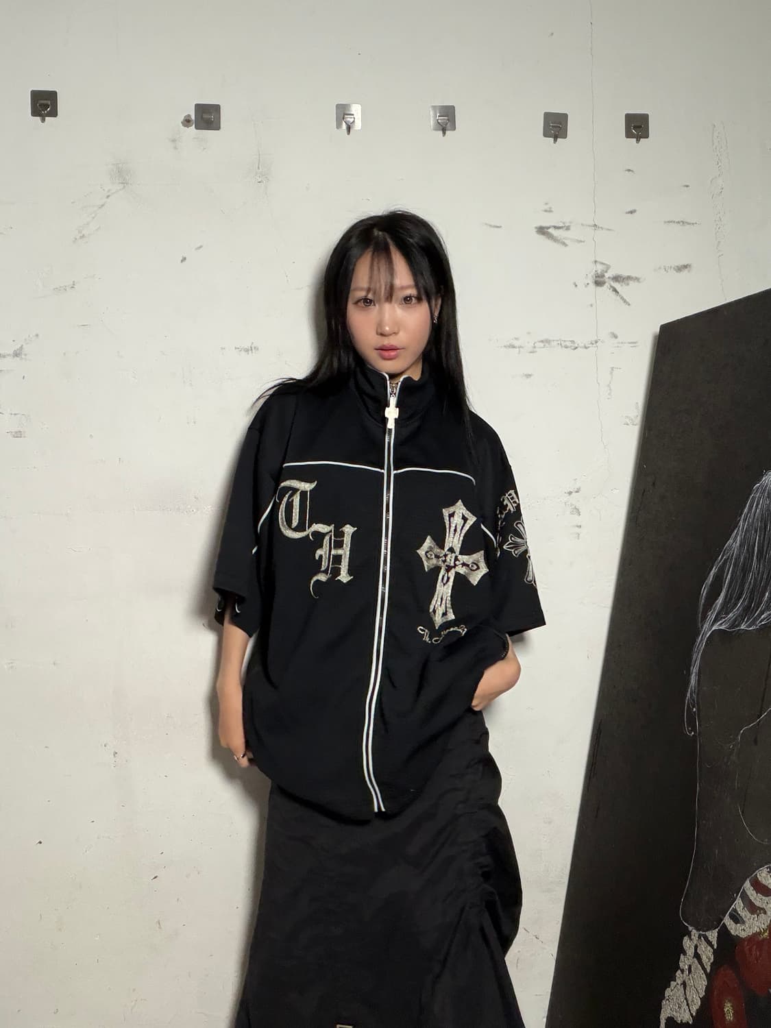 JPN 일본 빈티지 고딕풍 십자가 프린팅 오버핏 반팔 져지 집업  상품이미지10