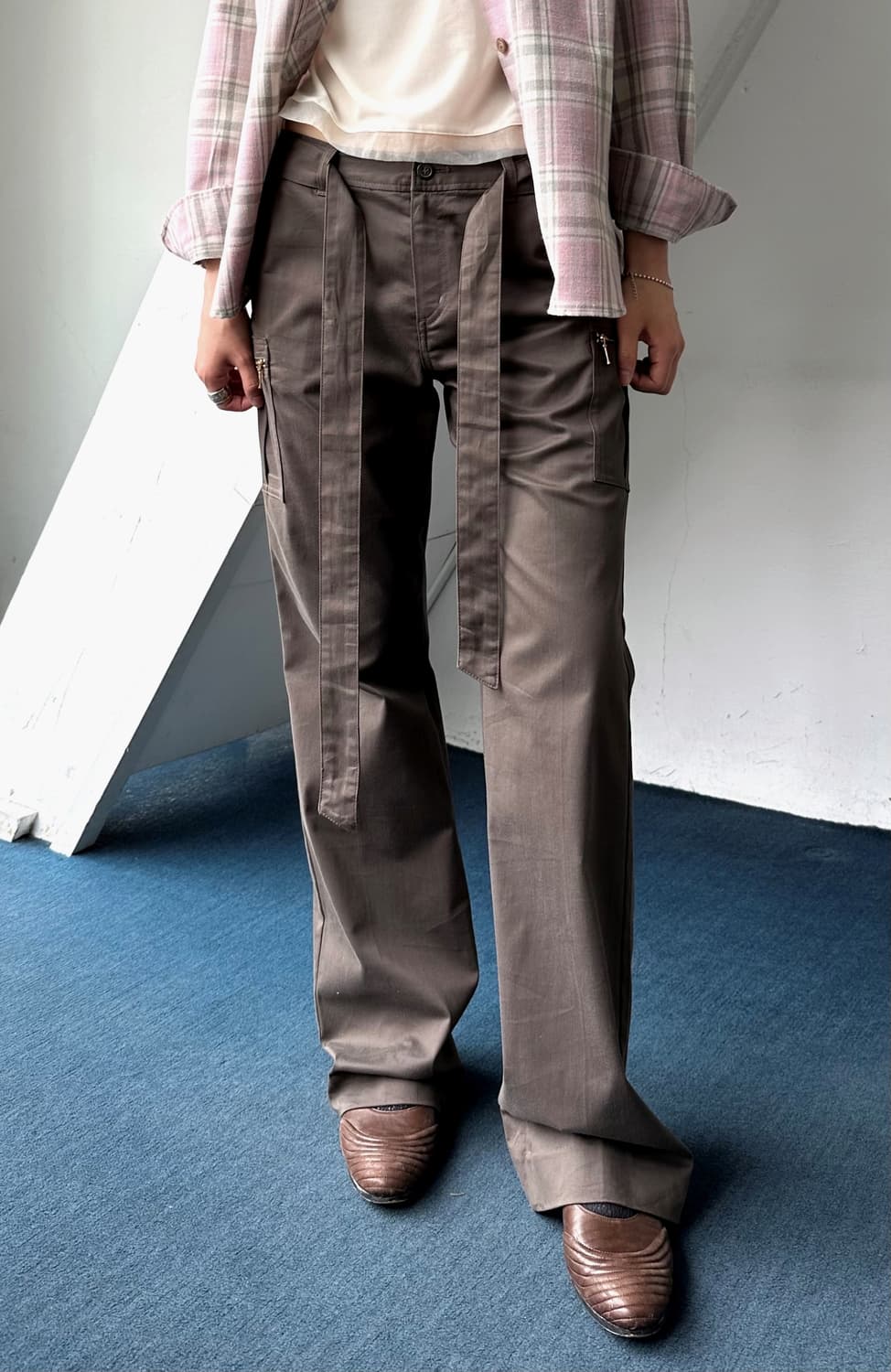 Cotton belted semi flare straight pants 상품이미지6