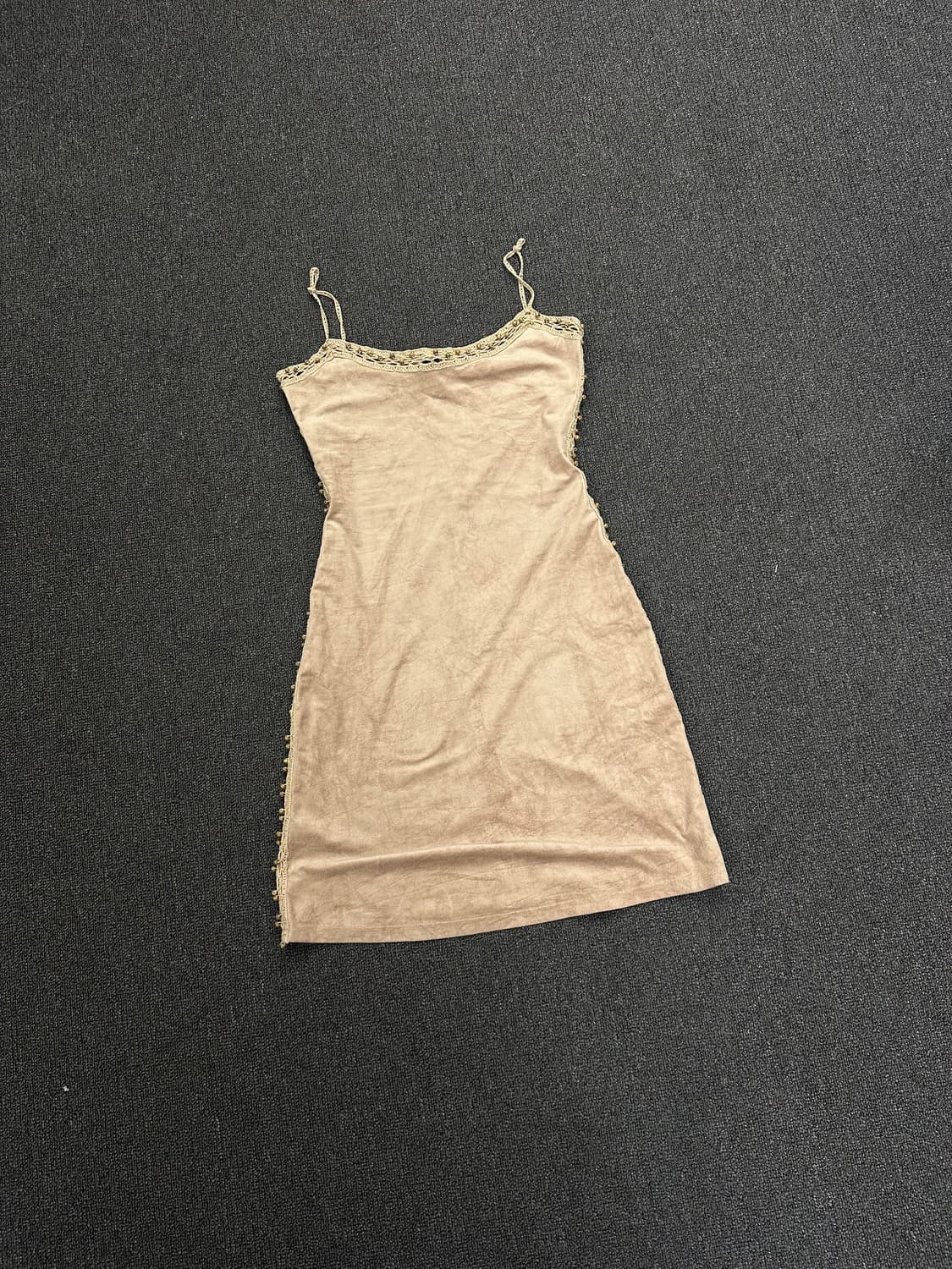 XS)Japanese vintage 구슬 크로셰 디테일 스웨이드 원피스 상품이미지3