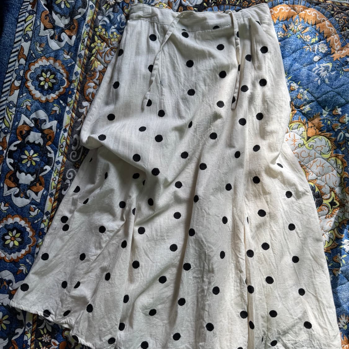 India made 린넨 아이보리 도트 자수 패턴 플레어 스커트 치마 상품이미지1