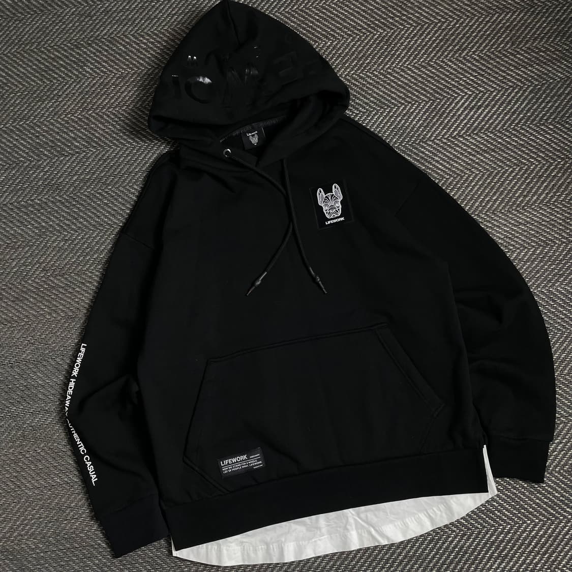 화이트 라이프워크 패치로고 오버핏 레이어드 후드 티셔츠y 4862 상품이미지1