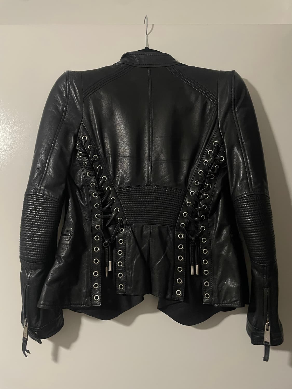 디스퀘어드2 블랙 백 레이스업 램스킨 레더 바이커 자켓 상품이미지1