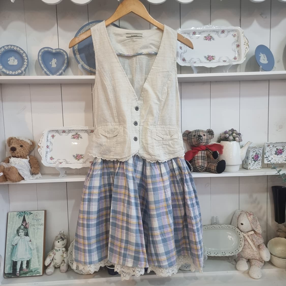 린넨 베스트 체크 스커트 세트 상품이미지1